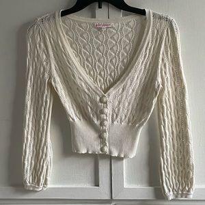 Betsey Johnson Crochet Cardigan Sweater Top Cotton Cashmere Size S Off White